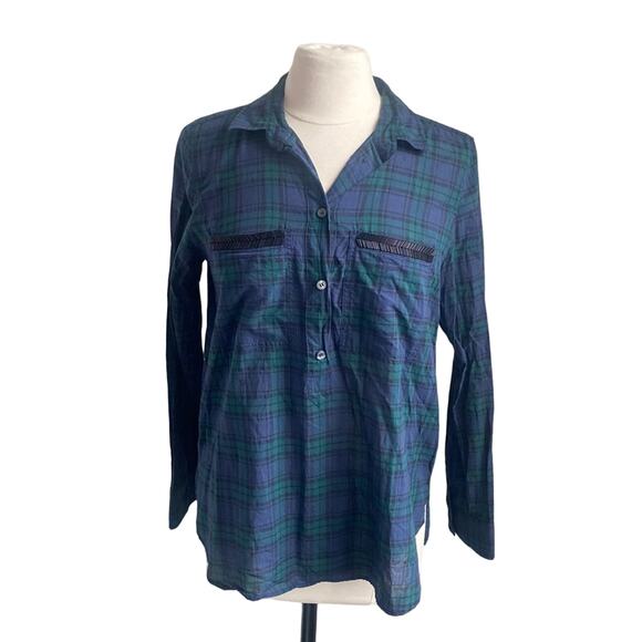J. CREW Plaid Henley Shirt Womens Sz Medium Green Navy Blackwatch Tartan Plaid - Picture 1 of 8